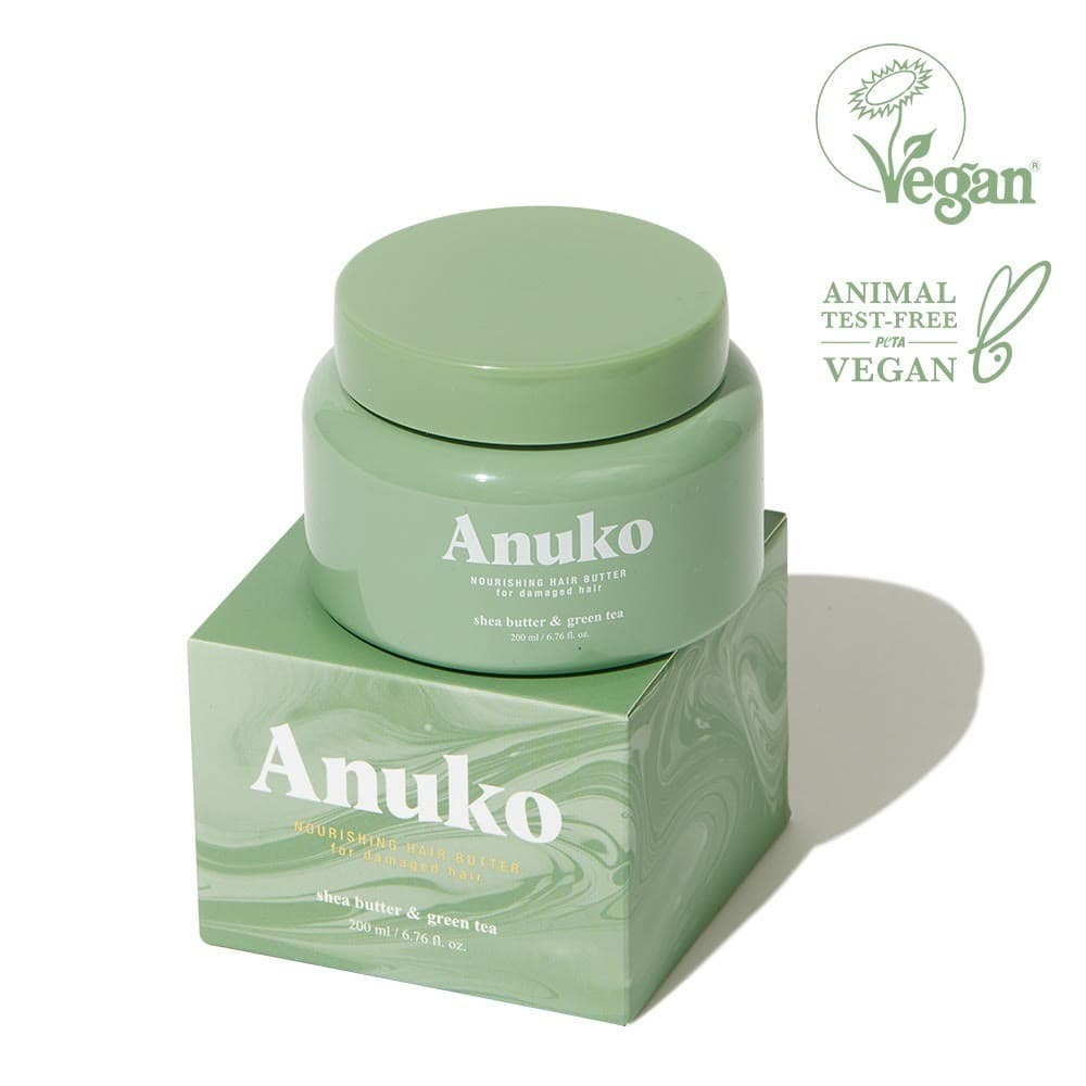Anuko Nourishing Hair Butter, open sage-green jar of whipped cream