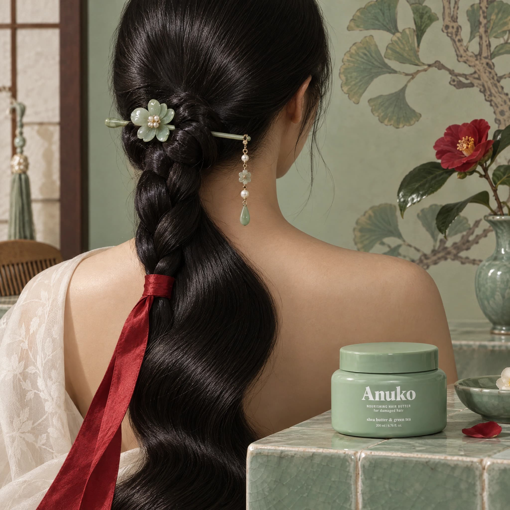 Long glossy braid beside Anuko Hair Butter