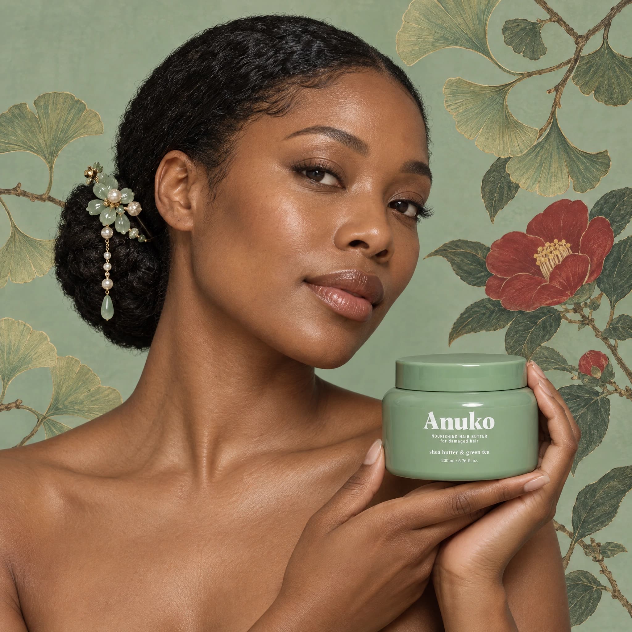 Model with coily hair holding Anuko Hair Butter