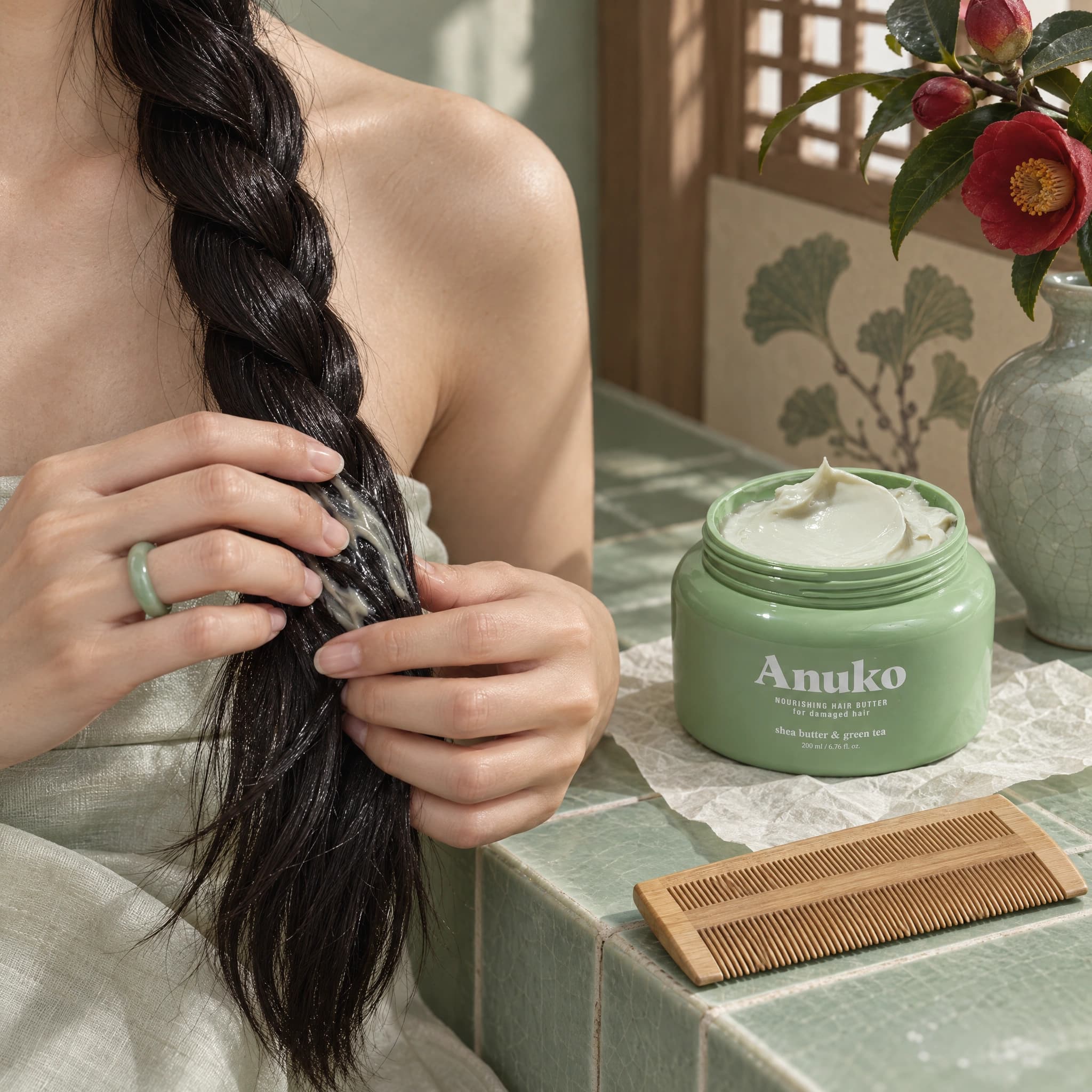 Hands working Hair Butter through the ends of a braid