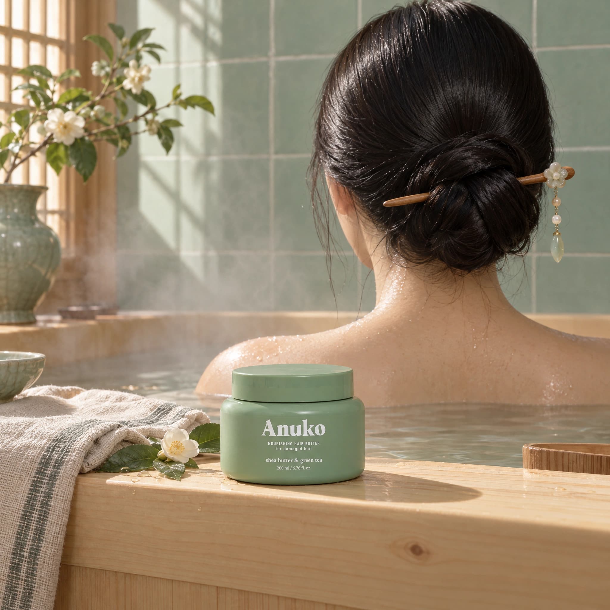 Anuko Hair Butter jar beside a wooden bath