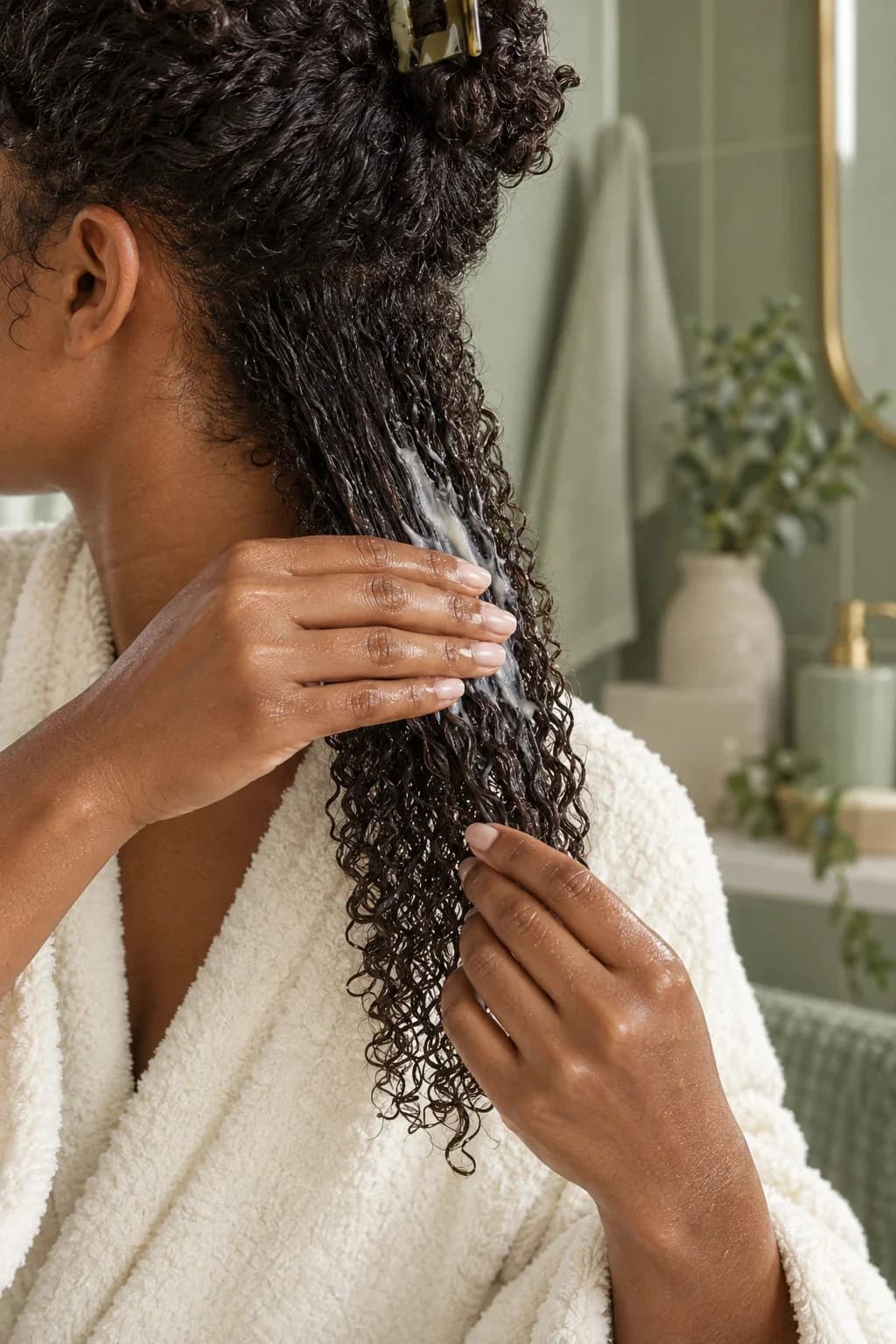 Model applying Hair Butter through damp curls in the shower