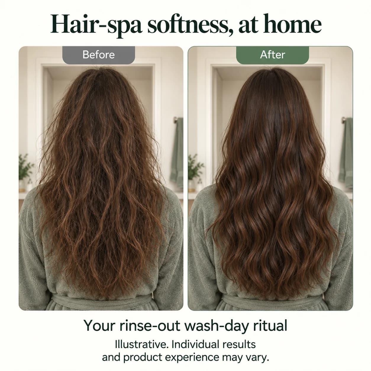 Illustrative before-and-after Hair Butter rinse-out ritual
