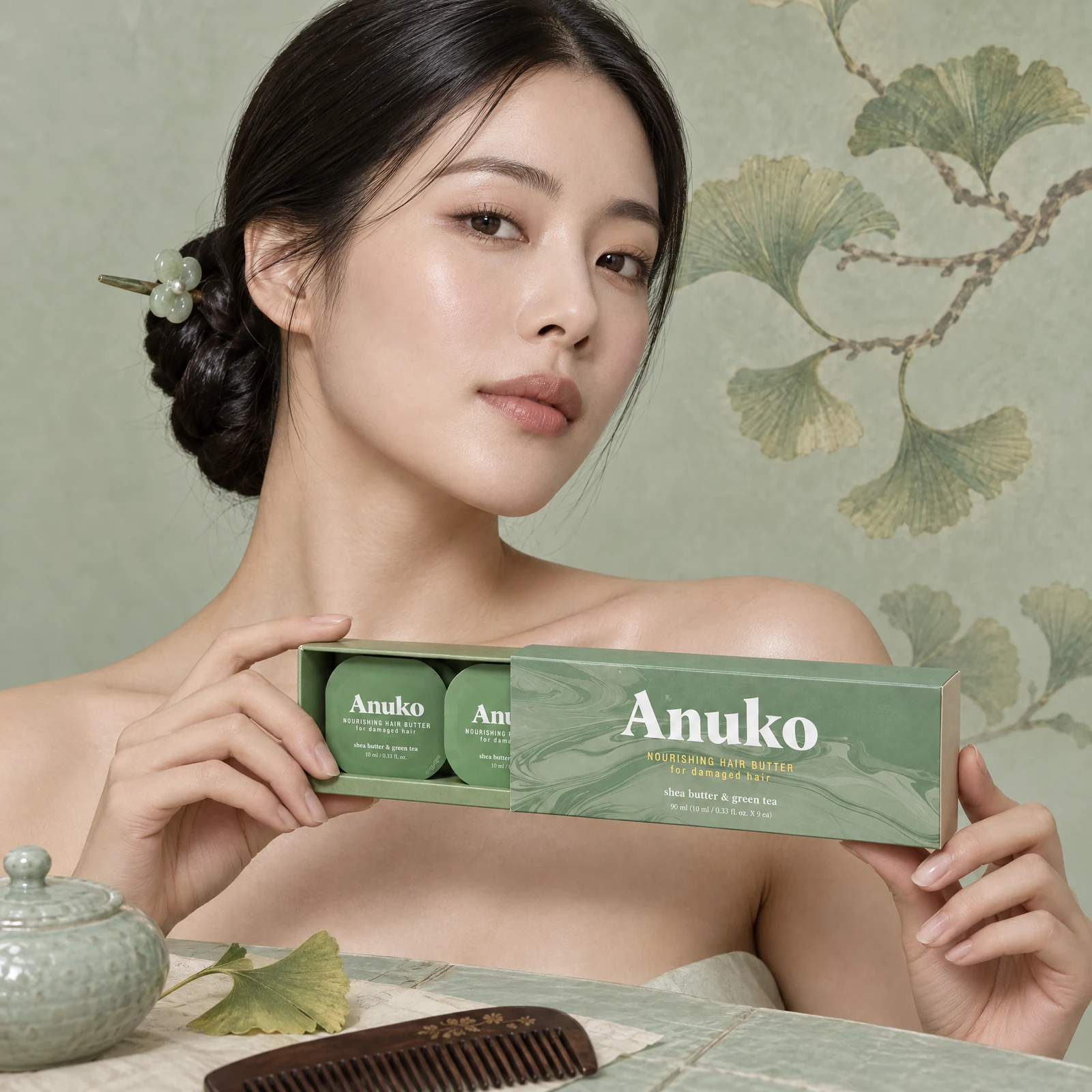 Model holding an open Anuko Travel Hair Butter case against a ginkgo-patterned wall