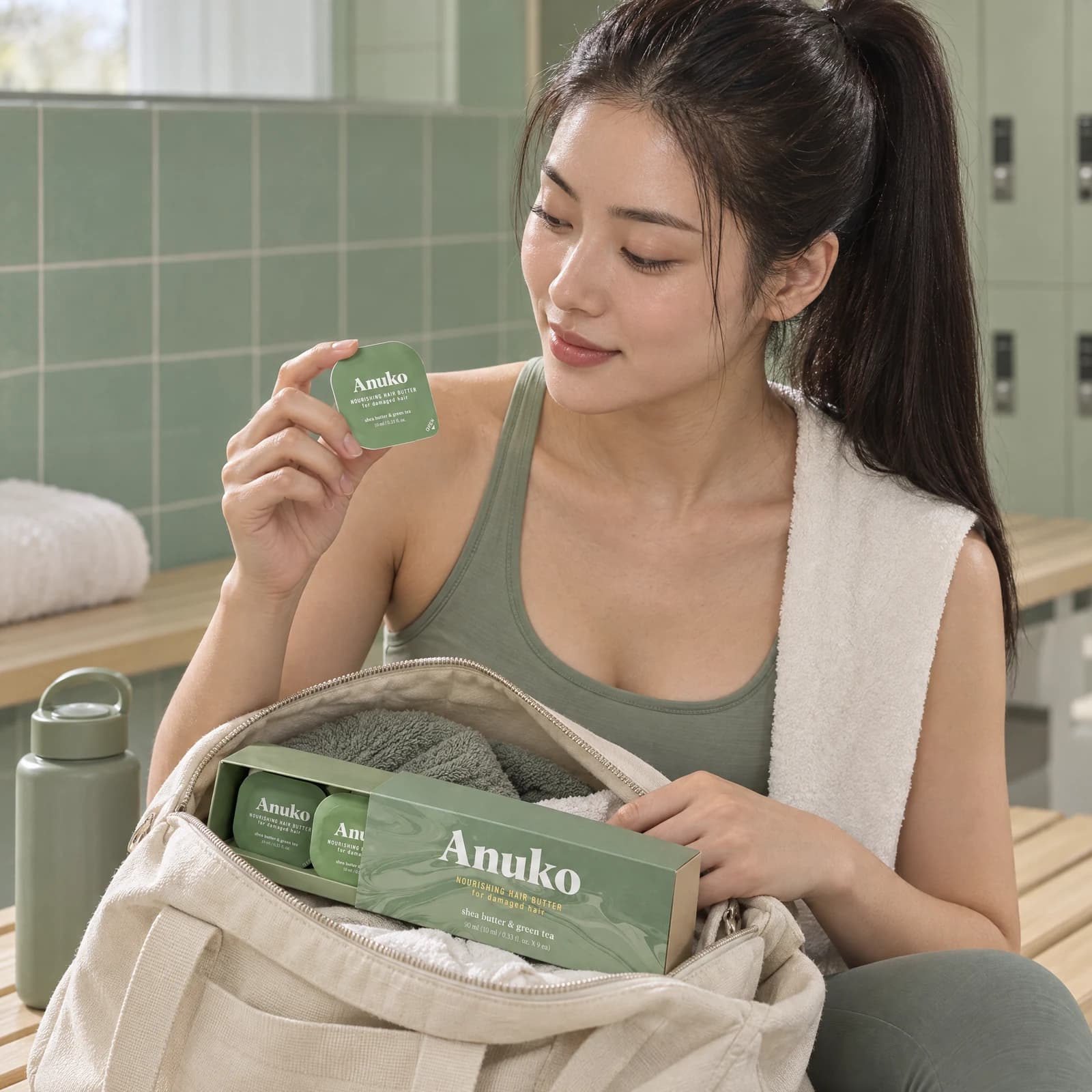 Model holding Travel Hair Butter beside a gym bag