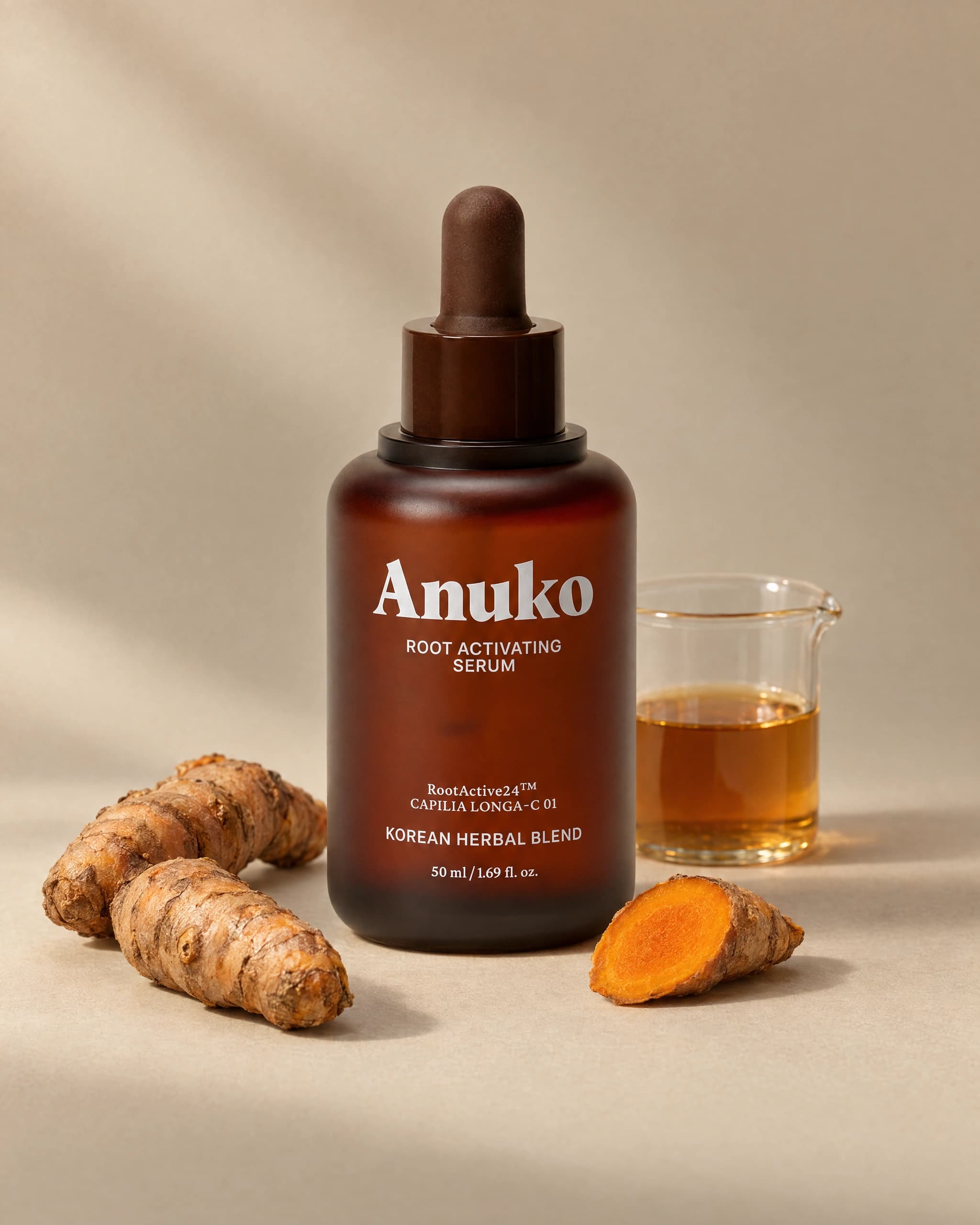 Anuko Root Activating Serum bottle beside turmeric root and a beaker