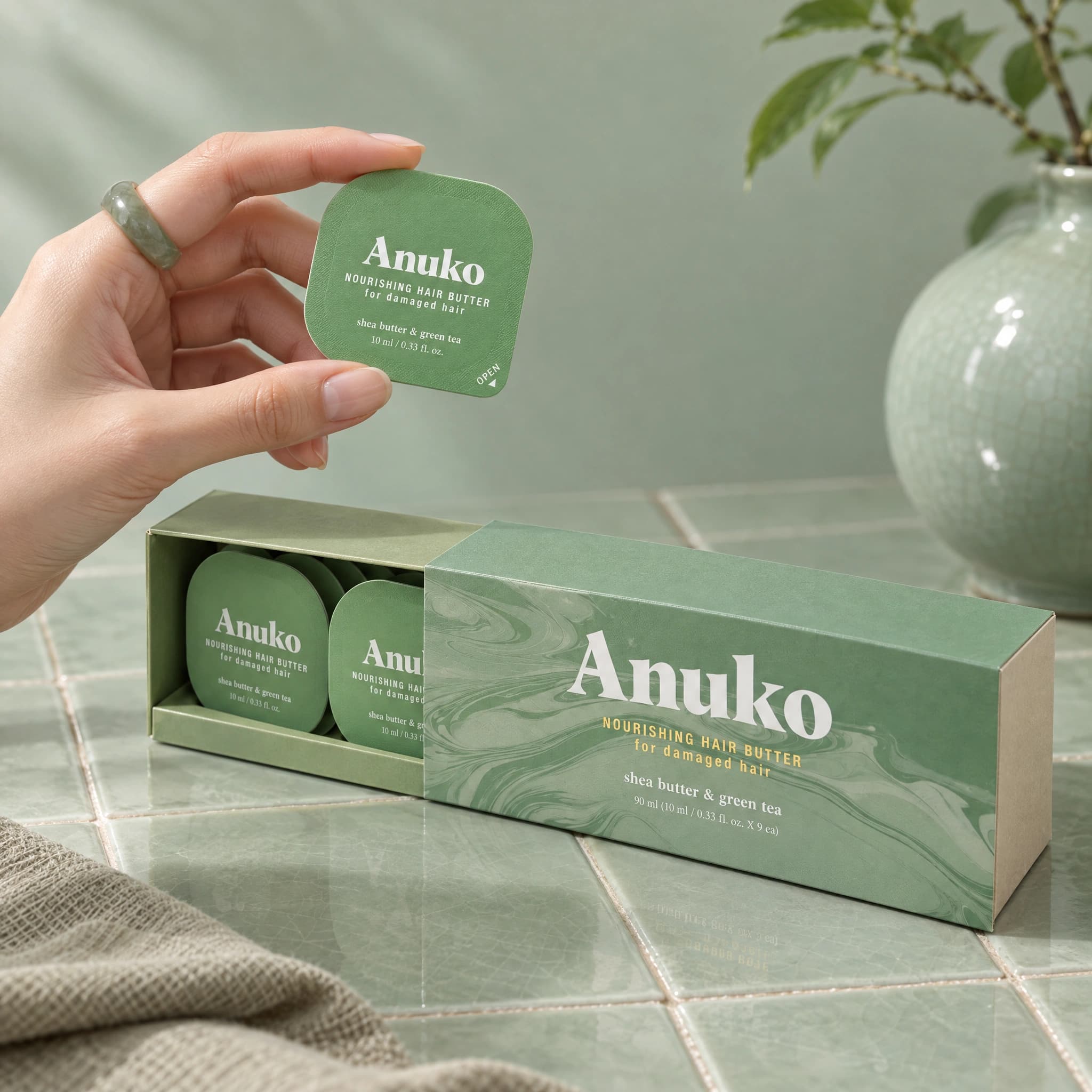 One 10 ml Travel Hair Butter capsule held above the open case