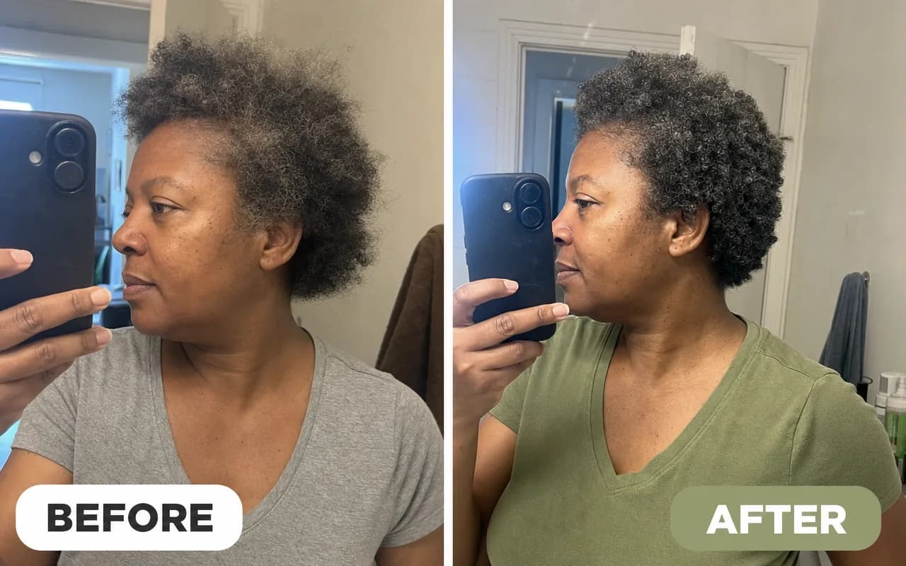 Illustrative pair of independent left-facing home mirror photos of a Black woman in her early 50s, with dry salt-and-pepper coils on the left and smoother defined coils with the same gray coverage on the right
