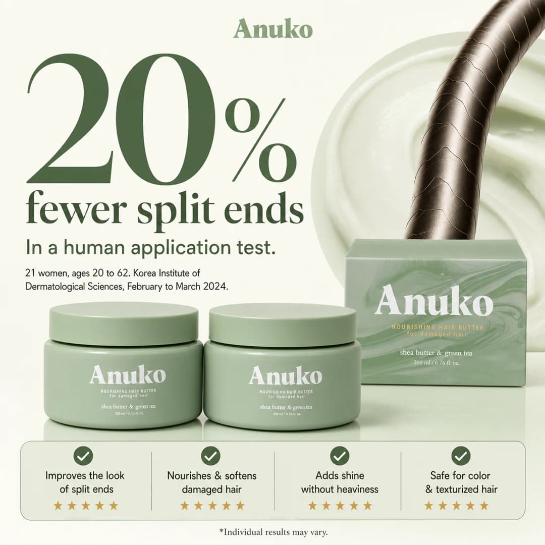Two Anuko Nourishing Hair Butter 200 ml jars: 20% fewer split ends in a human application test